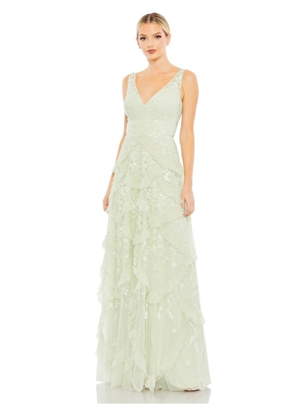 Mac Duggal 9162 Green Sequined Scallop Ruffle Tiered V-Neck Gown Size 16 NWT